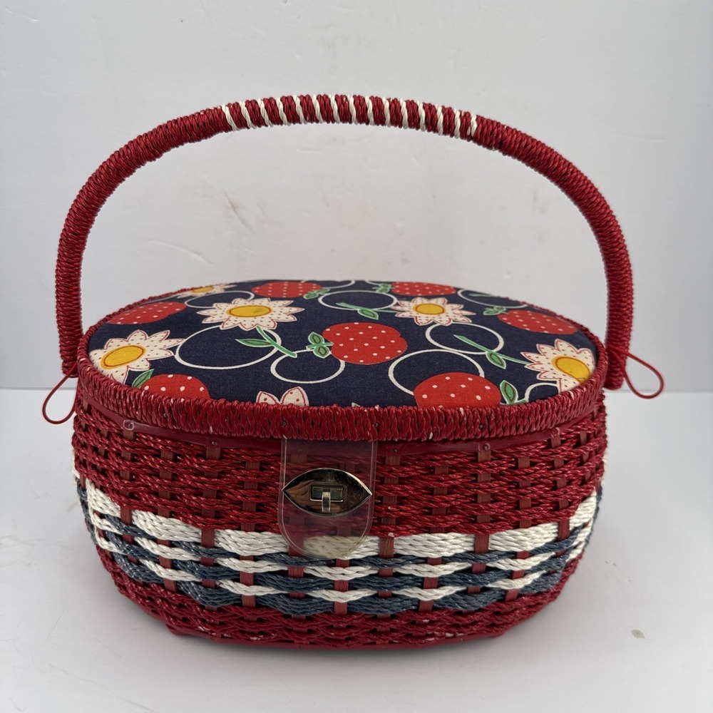 Vtg 60s wicker sewing basket Strawberry Floral Red White Blue W/ Contents Japan